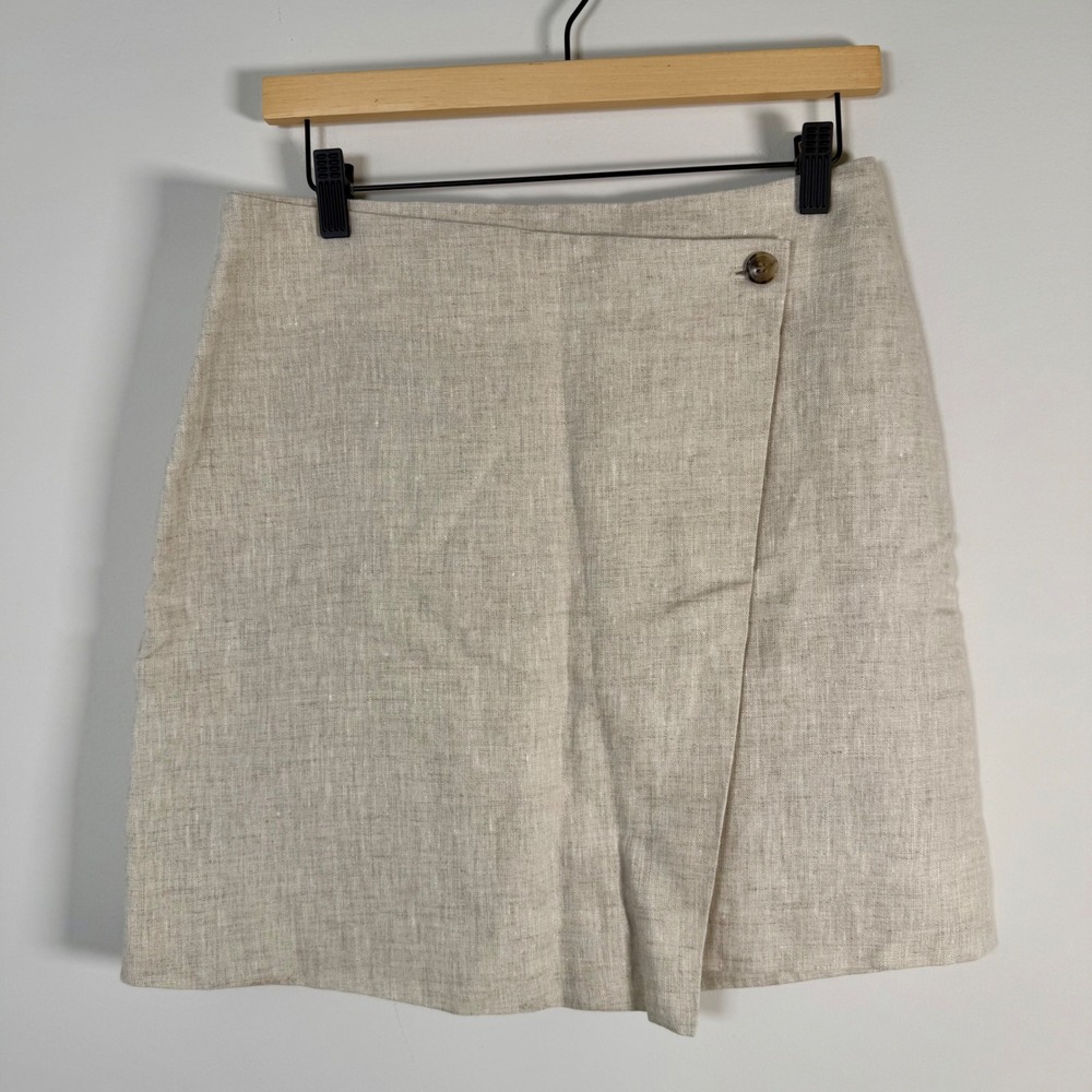 NEW Banana Republic 100% Linen Wrap Mini Skirt Size 8 Beige Tan Button Front NWT